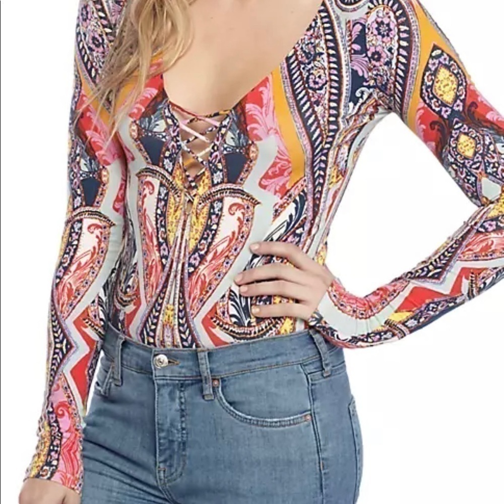 Free People Pick a Place Multicolored Bodysuit Faux Lace Up Front Snap Crotch M